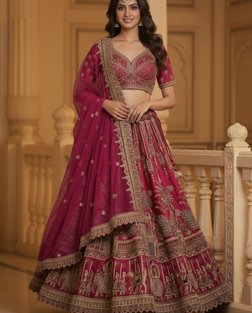 PINK - Outstanding Pink Embroidered Silk Bridal Lehenga Choli With Double Dupatta